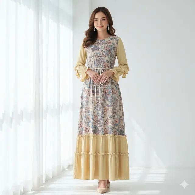 7 Model Dress Batik Kombinasi Kain Polos Warna Pastel yang Anggun, Modern dan Nyaman Dipakai