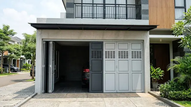 Pintu Garasi Lipat Dua Warna dengan Roster Berpola Horizontal