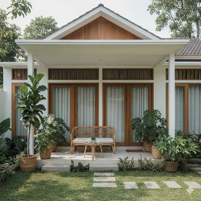 Model Rumah Kecil Tapi Luas dengan Tanaman Daun Lebar di Teras Depan