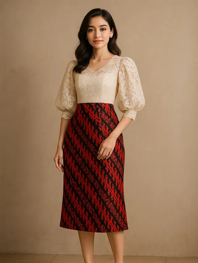 Dress Batik Kombinasi Brokat Lengan Balon