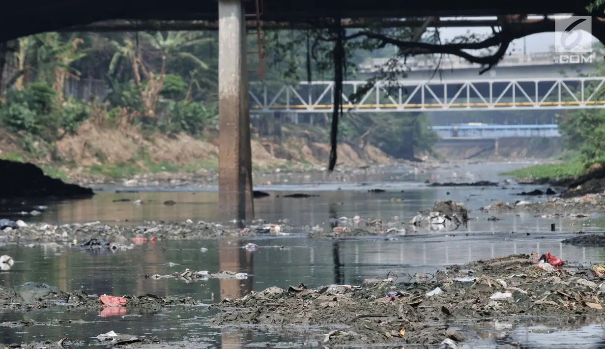 Kondisi aliran Kanal Banjir Barat yang berwarna hitam pekat dan dipenuhi tumpukan sampah di Jakarta, Minggu (22/9/2019). Minimnya pengawasan Pemprov DKI menyebabkan aliran di sepanjang Kanal Banjir Barat menghitam dan penuh sampah hingga menimbulkan bau tak sedap. (merdeka.com/Iqbal S Nugroho)