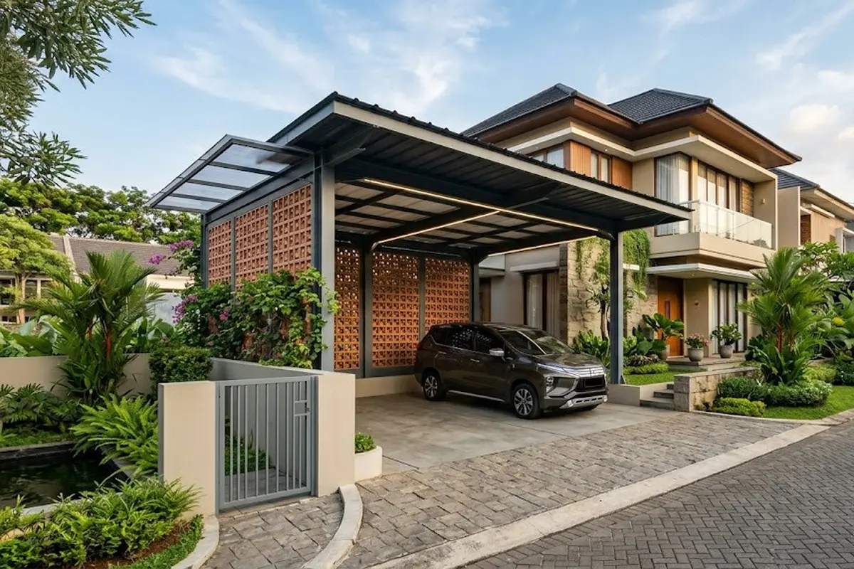 Desain Carport dengan Roster dan Kanopi Baja Ringan (AI Generated)