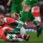 Striker Arsenal, Lucas Perez, saat tampil melawan Ludogarets pada laga Liga Champions di Stadion Emirates, London, Rabu (19/10/2016). (AFP/Ben Stansall)