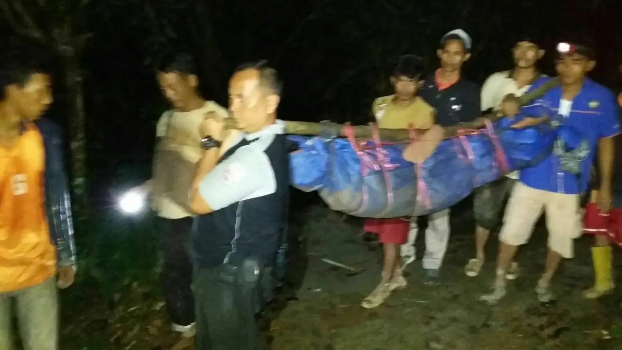 Tubuh ketiga pendaki yang tewas tersambar petir dievakuasi warga (Liputan6.com/Nefri Inge)