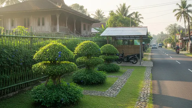 Desain Landscape Rumah di Desa Dekat Jalan Raya. AI