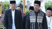 Presiden Jokowi dan Gubernur Jawa Tengah sekaligus calon presiden Ganjar Pranowo salat Idul Fitri bersama di Solo, Sabtu (22/4/2023) dengan tampilan beda tapi sama. (Foto: Instagram @ganjar_pranowo)