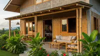 Rumah Bambu dan Batako Gaya Tropis dengan Teras Luas (Gemini AI)