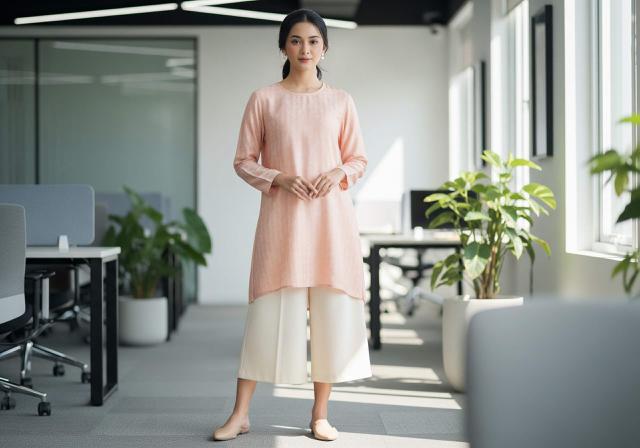 Padukan Tunik Pastel dengan Celana Bahan atau Kulot