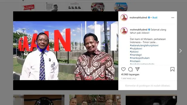 Ucapan ulang tahun dari Menko Polhukam Mahfud Md dan Mendagri Tito Karnavian untuk Presiden Joko Widodo atau Jokowi.