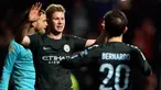 Pemain Manchester City, Kevin De Bruyne berselebrasi setelah mencetak gol ke gawang Bristol City pada leg kedua semifinal Piala Liga di Ashton Gate, Rabu (24/1). Manchester City menang tipis 3-2 dan memastikan diri lolos ke final. (Nick Potts/PA via AP)