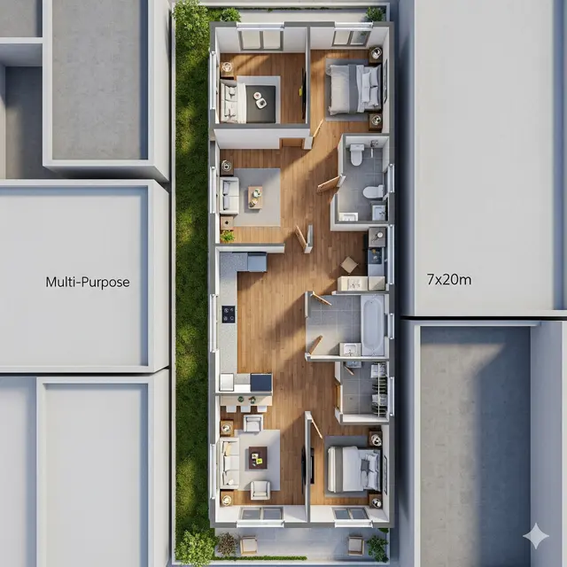 Denah Rumah Ukuran 7x20 di Lahan Panjang dan Sempit