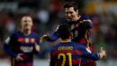 Ekspresi Lionel Messi setelah mencetak gol ke gawang Sporting Gijon dalam lanjutan La Liga Spanyol di Stadion El Municipal Molinon, Gijon, Kamis (18/2/2/2016) dini hari WIB. (AFP/Miguel Riopa