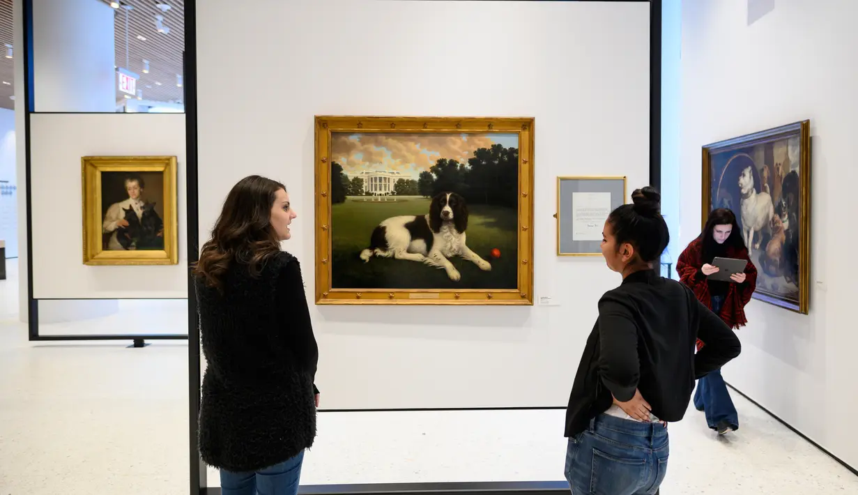 Pekerja melihat lukisan Millie Bush yang pernah menghuni Gedung Putih di museum anjing bernama Museum of the Dog di New York City, 1 Februari 2019. Museum ini memajang aneka lukisan anjing yang dibuat oleh para seniman terkenal. (Johannes EISELE/AFP)
