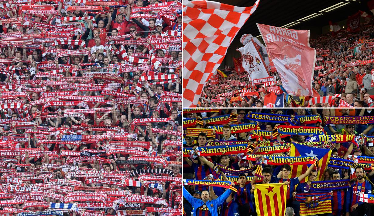 Berikut ini lima liga sepak bola di Eropa dengan rata-rata jumlah penonton terbanyak di stadion pada periode 2010/2011 hingga 2016/2017 berdasarkan data statistik EFPL. (Kolase foto-foto dari AFP)