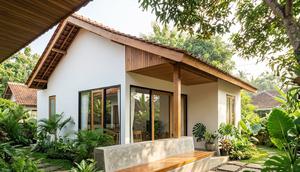 Desain Rumah Desa dengan Bangku Cor Minimalis di Teras (Sumber: gemini.com)