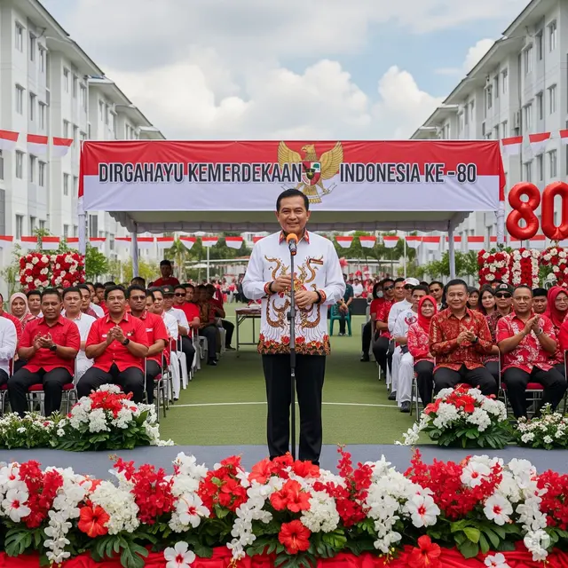 Foto ilustrasi ketua lingkungan perumahan yang sedang memberikan kata-kata sambutan di acara 17 Agustus. Foto; Gemini