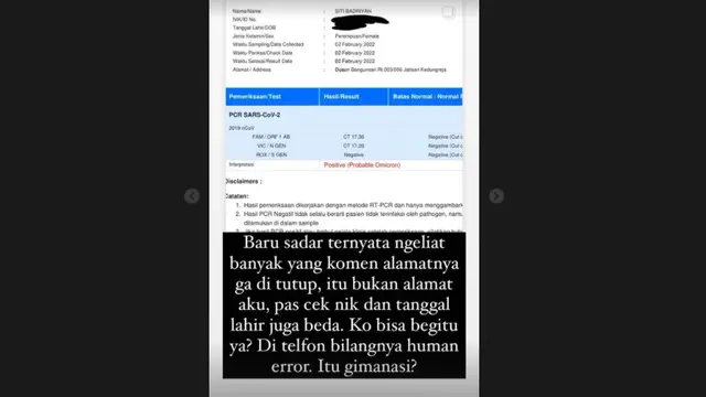Siti Badriah Temukan Kesalahan dalam Hasil Tes Swab PCR Miliknya, NIK dan Tanggal Lahir Berbeda.
