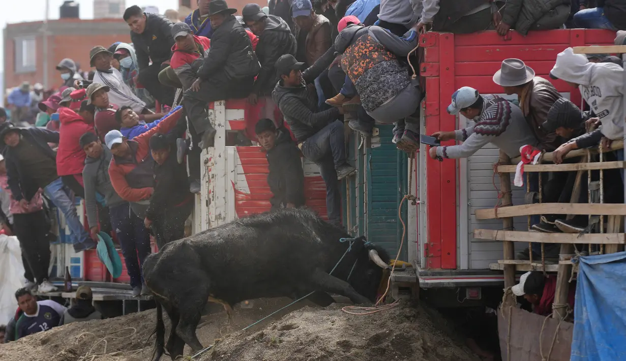 <p>Orang-orang melarikan diri dari banteng selama Festival Our Lady of the Rosary di Desa Andes Huarina, Bolivia, Senin (3/10/2022). Sekelompok matador amatir melakukan parodi dari adu banteng Spanyol, tetapi tanpa mengorbankan banteng. (AP Photo/Juan Karita)</p>