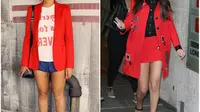 Beyonce dan Selena Gomez memakai busana merah (Foto: marieclaire.com)