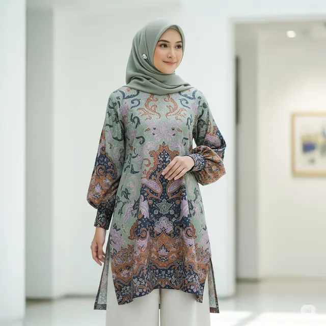 Tunik Batik Lengan Balon + Celana Kulot