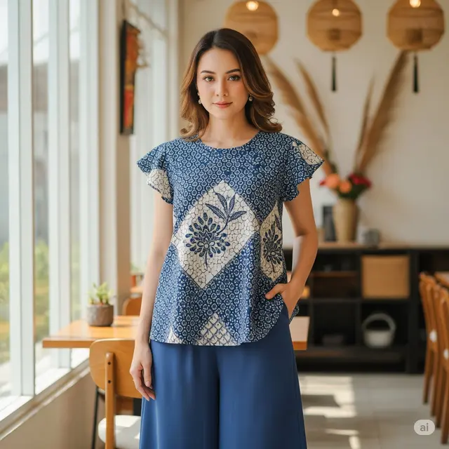 Tunik Lengan Ruffle Pendek + Celana Kulot