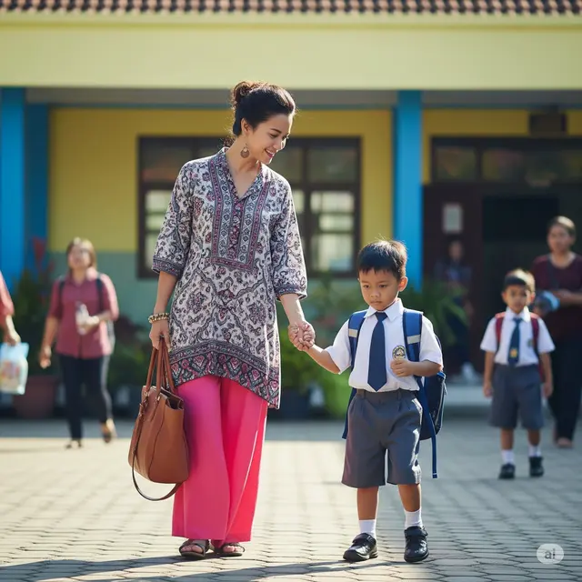 Outfit Ibu Antar Anak Sekolah. Foto: Gemini