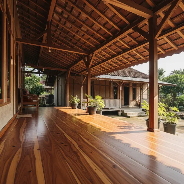 Perpaduan Lantai Teras Motif Kayu dengan Rumah Desa SederhanaE