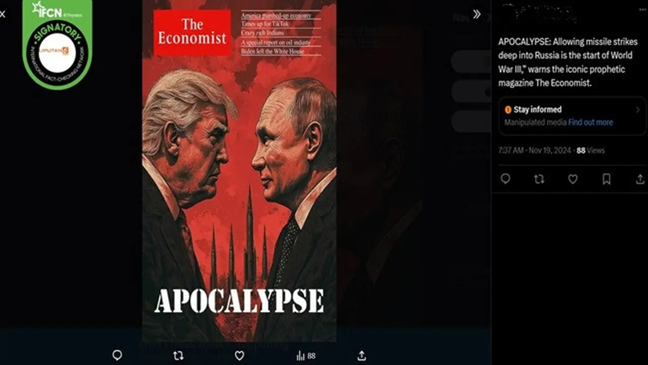 Gambar tangkapan layar foto yang diklaim sampul majalah The Economist berjudul "Apocalypse". (sumber: X)