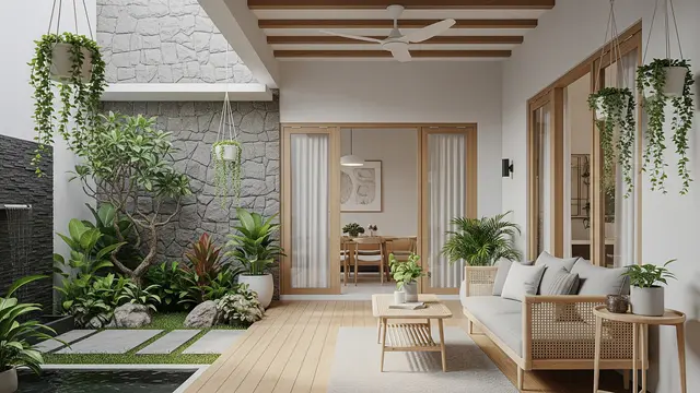 Desain Teras Samping Estetik Terhubung dengan Taman/ Ilustrasi AI