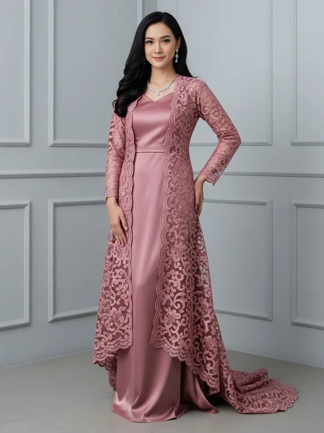 Model Baju Bridesmaid Satin Brokat yang Stylish Gaun Column Satin dengan Outer Brokat