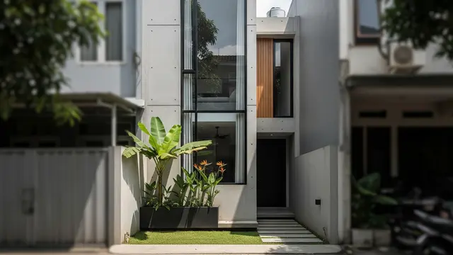 Rumah Mezzanine Mungil dengan Jendela Vertikal Menjulang