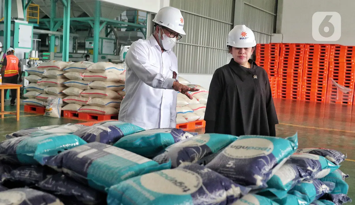 Ketua DPR RI Puan Maharani (kanan) bersama Direktur Utama Perum Badan Urusan Logistik (Bulog) Budi Waseso meninjau proses unit Modern Rice Miling Plant (MRMP) di Karawang, Jawa Barat, Rabu (21/9/2022). Kunjungan kerja tersebut guna membantu petani dalam negeri melalui infrastruktur penggunaan teknologi modern proses pengolahan beras untuk mewujudkan ketahanan pangan nasional. (Liputan6.com/Angga Yuniar)