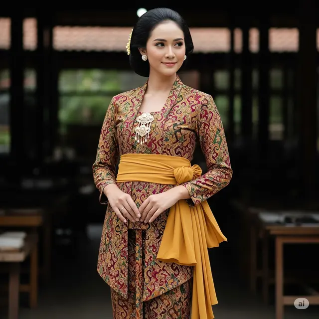 Model Kebaya Brokat Ikat Pinggang Kebaya Bali Brokat + Obi Motif Emas. Foto: Gemini