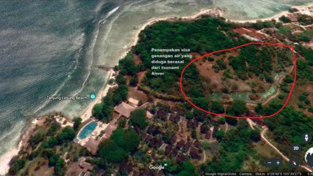 Penampakan genangan air di Tanjung Lesung pasca hantaman tsunami Anyer, Minggu 23 Desember 2018 (Liputan6.com/Google Earth)