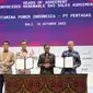 Penandatanganan kerja sama hulu ke hilir penyediaan Compressed Biomethane antara Pertamina NRE (PNRE), Subholding Gas Pertamina melalui afiliasinya, Pertagas Niaga, serta PT Perkebunan Nusantara III (Persero) (PTPN III) dalam acara State-owned Enterprises International Conference di Bali, Selasa (18/10).