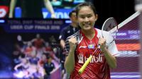 Pemain Indonesia, Ruselli Hartawan, menundukkan tunggal China, Li Xuerui, 15-21, 21-19 dan 21-18, pada laga Grup D Piala Uber 2018 di Impact Arena, Rabu (23/5/2018). (PBSI)