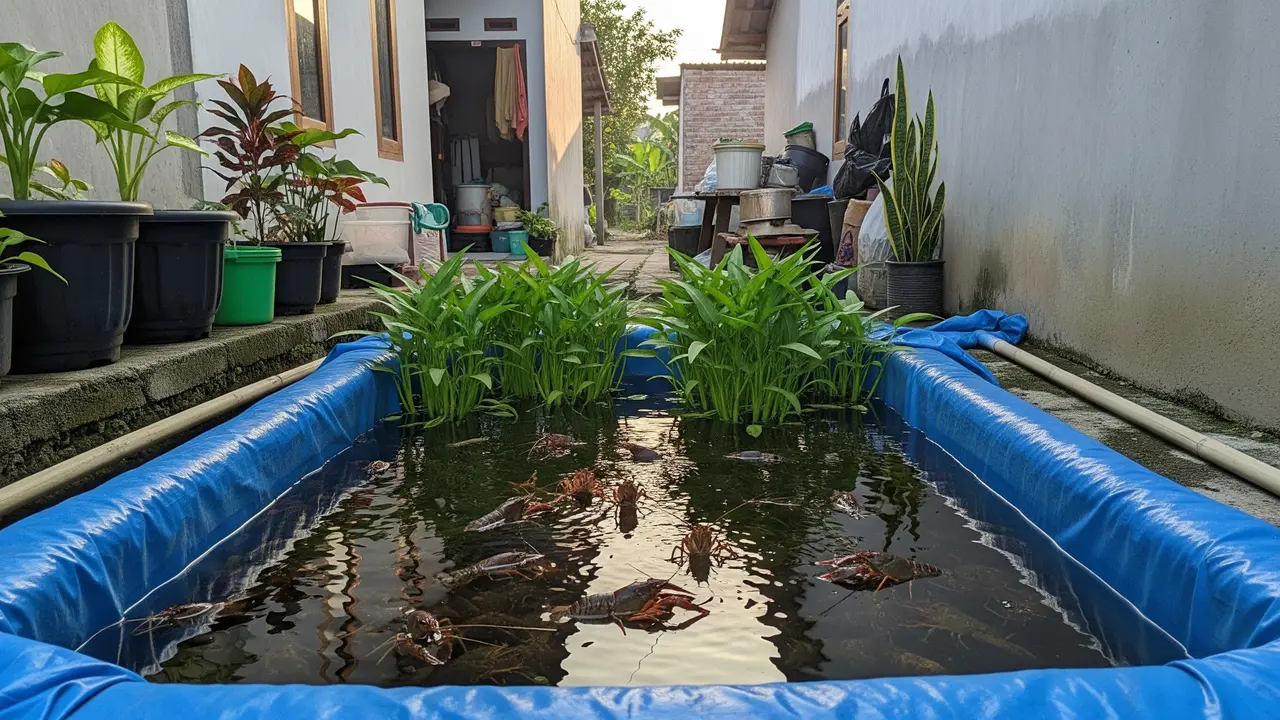 Budidaya Lobster Air Tawar dan Kangkung Air dalam Kolam Terpal Sederhana