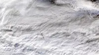 Instrumen MODIS NASA, yang dipasang di satelit Terra, menangkap gambar berwarna asli yang menunjukkan sisa-sisa lintasan meteor, terlihat sebagai bayangan gelap di atas awan putih tebal pada 18 Desember 2018.&rsaquo; (Kredit: NASA GSFC)