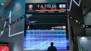 Seorang pria memantau layar yang menampilkan Indeks Harga Saham Gabungan (IHSG), yang anjlok signifikan selama pembukaan pasar, di gedung Bursa Efek Indonesia di Jakarta pada Rabu 13 Mei 2026. (BAY ISMOYO/AFP)