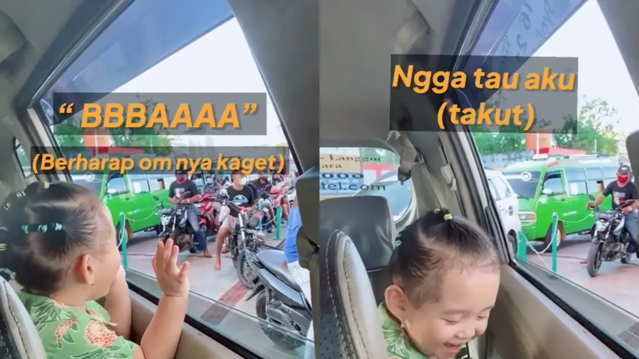 Potret kelucuan tingkah bocah menggoda pengendara motor.