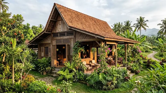 Ide Rumah Kampung dengan Bukaan Besar dan Tanaman/AI Generated