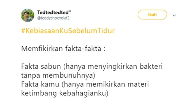 Cuitan kocak (Sumber: Twitter/teddychocholat2)
