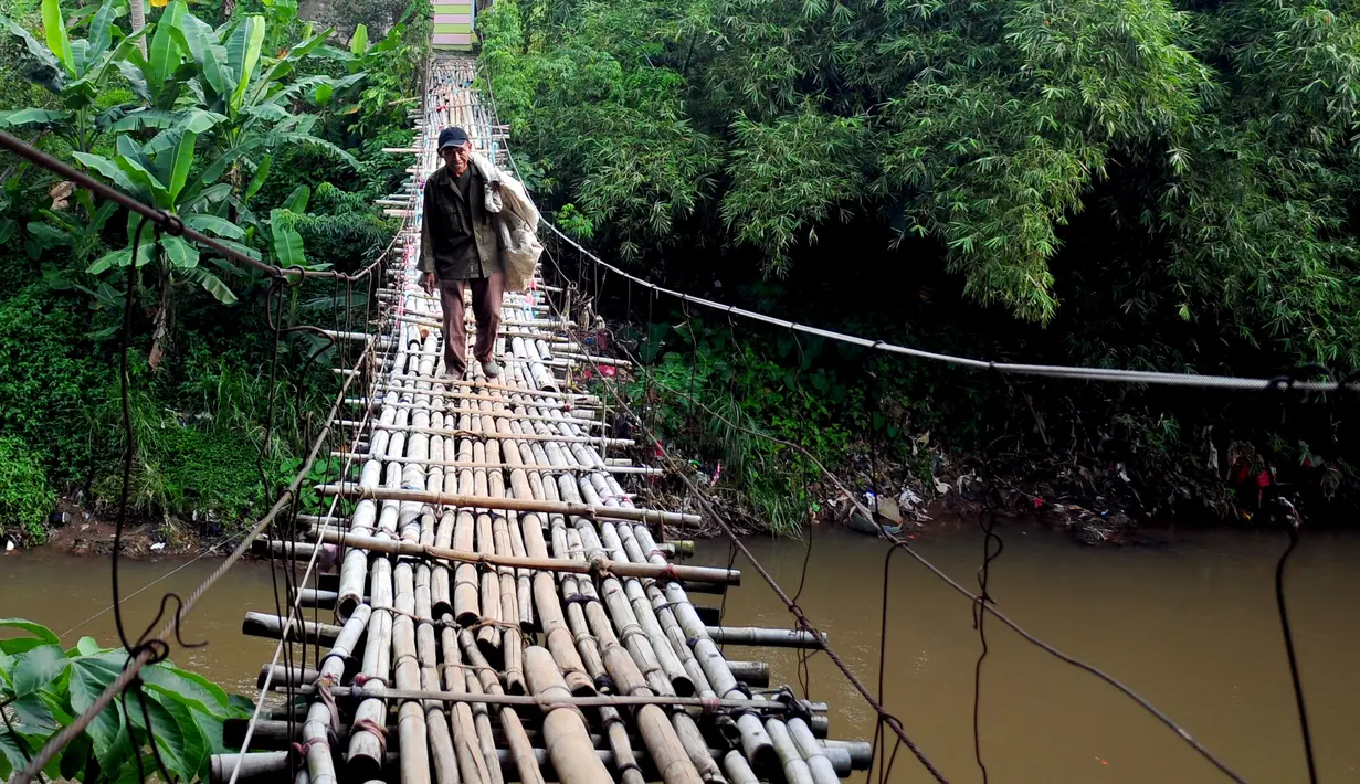Seorang kakek berjalan di atas jembatan bambu yang menghubungkan Kampung Bambon, Jakarta Selatan dan Kelapa Dua Depok, Depok, Jumat (13/3/2015). (Liputan6.com/Yoppy Renato)