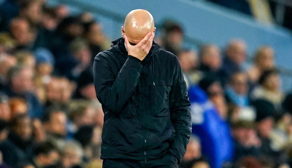 Pelatih Manchester City, Pep Guardiola, tampak kecewa setelah gagal meraih kemenangan saat menjamu Nottingham Forest pada laga Liga Inggris di Etihad Stadium pada Kamis (5/3/2026). (AP Photo/Dave Thompson)
