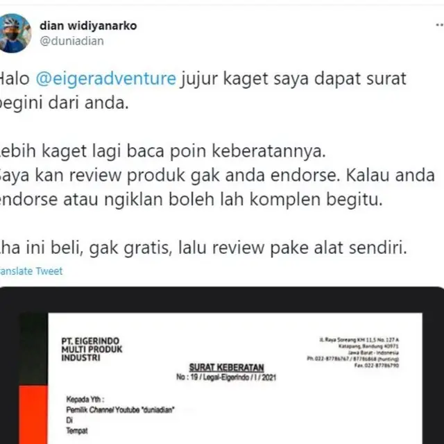 Youtuber Bagikan Surat Keberatan tentang Review Produk dari Eiger di Twitter