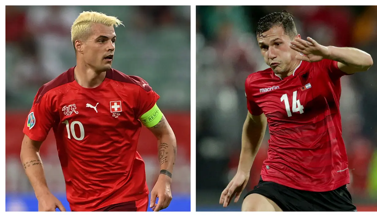 Granit Xhaka. Gelandang Arsenal ini dilahirkan di Swiss dari orang tua asal Albania. Akhirnya ia lebih memilih untuk memperkuat tanah kelahirannya, bersama Timnas Spanyol. Sementara sang kakak, Taulant Xhaka yang juga lahir di Swiss, lebih memilih Timnas Albania. (Kolase AFP)