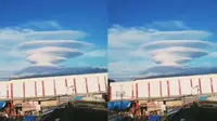 Awan lenticular raksasa atau yang biasa disebut awan topi, Rabu pagi (15/7/2020) menyelimuti Gunung Tanggamus di Lampung. (Jahronimubarok/ Ist)