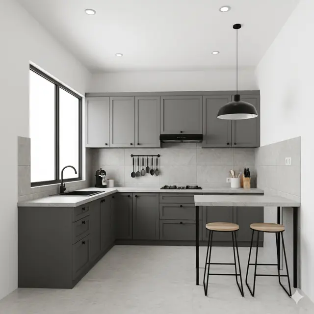 Desain Dapur Kecil Bentuk L Nuansa Abu-abu