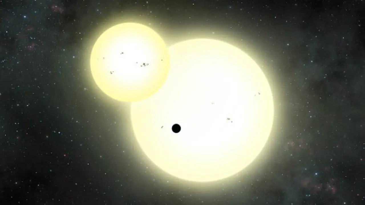 Ilustrasi planet Kepler-1647 b yang mengorbit dua bintang