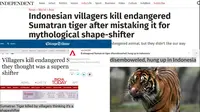 Sejumlah media asing memberitakan harimau ditombak di Mandailing Natal, Sumatra Utara. (Screen Grab)